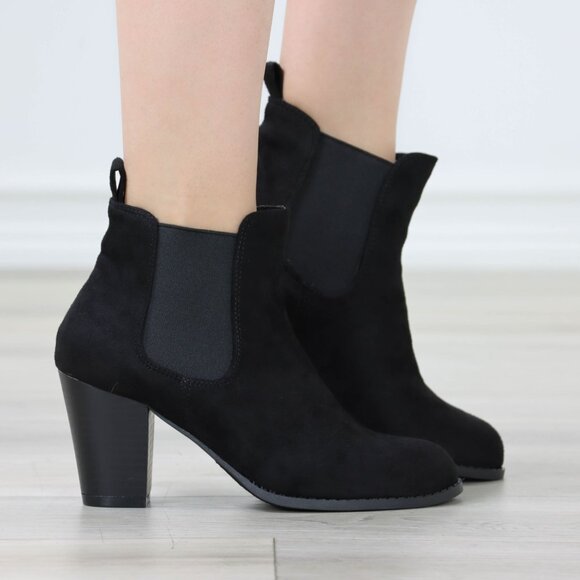 Womens Ankle Boots High Heel Black Elastic Gore Synthetic Suede Round Toe - Picture 2 of 10
